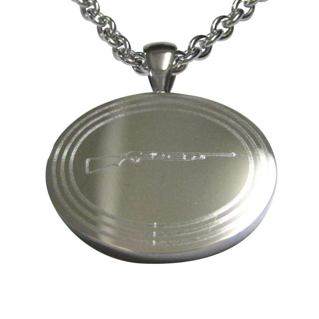 Silver Toned Etched Oval Shotgun Pendant Necklace 30$